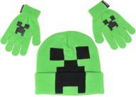 🧢 new green minecraft creeper face kids costume beanie hat cap and gloves set: a must-have gaming accessory for kids logo