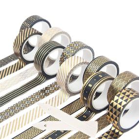 img 4 attached to 🖤 10 Rolls Black and Gold Foil Washi Tape Set with 2 Tape Sample Board - 15mm Masking Tape Print Decorative Tapes for Art, DIY Crafts, Bullet Journals, Scrapbooking, Planners, Wrapping - Black Gold x 10 Rolls