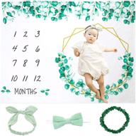 🌿 baby monthly milestone blanket girl boy: green leaf eucalyptus design with bunny headband, bow tie & leaf wreath props – unisex growth chart for newborns logo