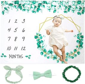 img 4 attached to 🌿 Baby Monthly Milestone Blanket Girl Boy: Green Leaf Eucalyptus Design with Bunny Headband, Bow Tie & Leaf Wreath Props – Unisex Growth Chart for Newborns