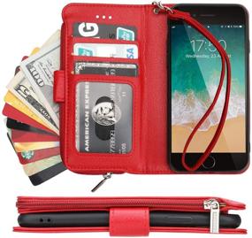 img 4 attached to 👜 Stylish Red KIHUWEY Wallet Case for iPhone SE 2020/8/7 - Premium Leather, Credit Card Holder, Zipper Pocket, Wrist Strap, and Kickstand