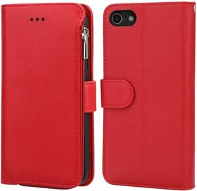 img 2 attached to 👜 Stylish Red KIHUWEY Wallet Case for iPhone SE 2020/8/7 - Premium Leather, Credit Card Holder, Zipper Pocket, Wrist Strap, and Kickstand