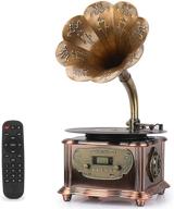 🎵 wireless speaker phonograph turntable with aux-in, fm radio, usb port for flash drive, aluminum vintage retro style gramophone (bronze) logo