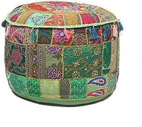 img 1 attached to 🧘 Ganesham Indian Hippie Vintage Cotton Floor Pillow & Cushion Patchwork Bean Bag Chair Cover: Boho Bohemian Pouf Ottoman, Hand Embroidered & Handmade (Green, 13" H x 22" Diam.)