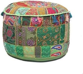 img 3 attached to 🧘 Ganesham Indian Hippie Vintage Cotton Floor Pillow & Cushion Patchwork Bean Bag Chair Cover: Boho Bohemian Pouf Ottoman, Hand Embroidered & Handmade (Green, 13" H x 22" Diam.)