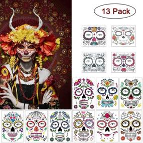 img 3 attached to 🎃 COKOHAPPY Halloween Temporary Face Tattoos Makeup Kit (13 Pack), Day of the Dead Sugar Skull Floral Black Skeleton Web Red Roses Full Face Mask Stickers Tattoo Families Party Supplies - Spook-tacular Halloween Face Art!