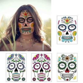 img 2 attached to 🎃 COKOHAPPY Halloween Temporary Face Tattoos Makeup Kit (13 Pack), Day of the Dead Sugar Skull Floral Black Skeleton Web Red Roses Full Face Mask Stickers Tattoo Families Party Supplies - Spook-tacular Halloween Face Art!