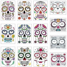 img 4 attached to 🎃 COKOHAPPY Halloween Temporary Face Tattoos Makeup Kit (13 Pack), Day of the Dead Sugar Skull Floral Black Skeleton Web Red Roses Full Face Mask Stickers Tattoo Families Party Supplies - Spook-tacular Halloween Face Art!