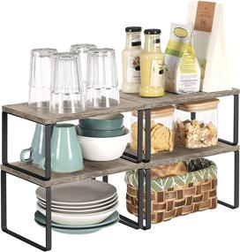 img 2 attached to 📦 SONGMICS Cabinet Shelf Organizers: Expandable Kitchen Counter Shelves, Set of 4 Stackable Metal and Particleboard Countertop Organizers in Greige and Black UKCS021X02