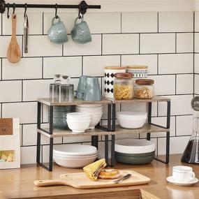 img 3 attached to 📦 SONGMICS Cabinet Shelf Organizers: Expandable Kitchen Counter Shelves, Set of 4 Stackable Metal and Particleboard Countertop Organizers in Greige and Black UKCS021X02