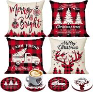 set of 4 rustic christmas pillow covers 18x18 with bonus coasters - buffalo check christmas trees, truck, and reindeer plaid pillow cases for festive holiday decor логотип