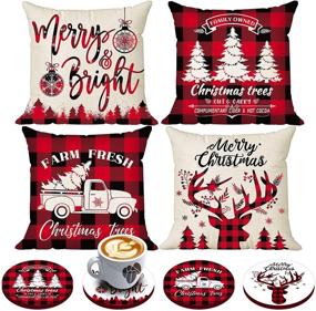 img 4 attached to Set of 4 Rustic Christmas Pillow Covers 18x18 with Bonus Coasters - Buffalo Check Christmas Trees, Truck, and Reindeer Plaid Pillow Cases for Festive Holiday Decor