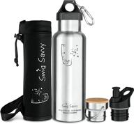 🚰 swig savvy sports water bottle: vacuum insulated stainless steel double wall, 26oz - 3 leakproof lids (silver) logo