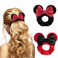 🎀 teki sequin hair band - 2 pack mouse ears scrunchies in black+red - velvet hair bows, hair tie ponytail holder, hair accessories for women girls logo