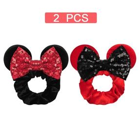 img 3 attached to 🎀 TEKI Sequin Hair Band - 2 Pack Mouse Ears Scrunchies in Black+Red - Velvet Hair Bows, Hair Tie Ponytail Holder, Hair Accessories for Women Girls