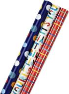 hallmark birthday wrapping paper bundle with cut lines on reverse (3-pack, 55 sq. ft. total) featuring bright and holographic prints and patterns in various colors such as red, blue, yellow, white, and more logo