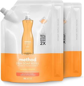 img 4 attached to 🍊 Method Liquid Dish Soap Refill, Plant-Based Dishwashing Liquid, Tough Grease Cleaner, Clementine Scent, 1.06 Liter Bags, 2 Pack: Get Sparkling Clean Dishes!