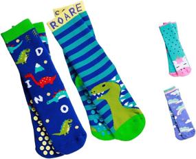 img 4 attached to 🦄 Trendy Non-Slip Slipper Socks for Girls, Boys, and Kids - Cozy, Soft, Warm, with Fun Dino/Unicorn Design - Pack of 2