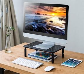 img 2 attached to 🖥️ Premium Sturdy Black Metal Laptop & PC Monitor Stand - Height Adjustable Fashionable Riser with Non-Skid Rubber Pad - Perfect for iMac, Computer Monitor, or Shelf