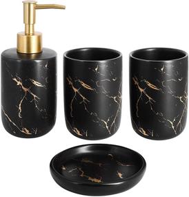 img 4 attached to 🛁 Set of 4 Stylish Golden Black Ceramic Bathroom Accessories with Lotion Dispenser Soap Pump, Toothbrush Holder, Tumblers, and Soap Dish – Black