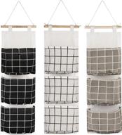 🎒 auhoky 3pcs wall closet hanging storage bag - premium linen fabric over the door organizer with 3 pockets for bedroom bathroom - waterproof & stylish (black/gray/white) логотип