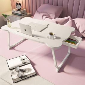 img 2 attached to 💻 MJUNM Laptop Lap Desk: Ultimate Multifunctional Bed Tray with Foldable Design, Built-in Drawer, Water Storage and Table Slot in Elegant White