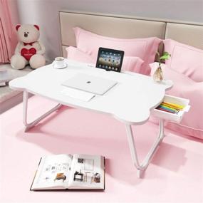 img 1 attached to 💻 MJUNM Laptop Lap Desk: Ultimate Multifunctional Bed Tray with Foldable Design, Built-in Drawer, Water Storage and Table Slot in Elegant White
