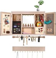 🌿 urban deco rustic wall mounted jewelry organizer: stylish wooden necklace holder with mirror, large earring holder for girls - vintage wall jewelry cabinet in light burlywood логотип