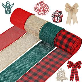 img 4 attached to 🎄 4 Roll Christmas Wrap Burlap Ribbons: Plaid Ribbon for DIY Wrapping - 2 Inch x 22 Yard | Fall Crafts Decoration in White, Red, and Dark Green