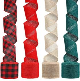 img 2 attached to 🎄 4 Roll Christmas Wrap Burlap Ribbons: Plaid Ribbon for DIY Wrapping - 2 Inch x 22 Yard | Fall Crafts Decoration in White, Red, and Dark Green