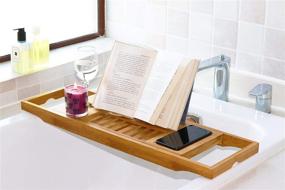 img 2 attached to Enhance Your Bathing Experience with DOZYANT Bamboo Bathtub Tray Caddy: A Multi-functional Wooden Bath Tray Table with Extending Sides, Reading Rack, Tablet Holder, Cellphone Tray, and Wine Glass Holder