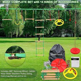 img 2 attached to 🏻 Ninja Warrior Obstacle Course for Kids - 60FT Ninja Slackline with Comprehensive Accessories, Slider Slackline Pulley, Round Swing, Rope Ladder, 360° Spinning Wheel, Wooden Monkey Bar Holds, in a Gift Box