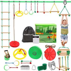 img 4 attached to 🏻 Ninja Warrior Obstacle Course for Kids - 60FT Ninja Slackline with Comprehensive Accessories, Slider Slackline Pulley, Round Swing, Rope Ladder, 360° Spinning Wheel, Wooden Monkey Bar Holds, in a Gift Box