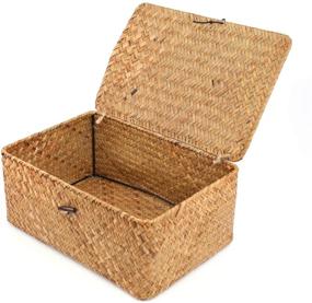 img 3 attached to 🧺 Versatile Brown Rectangular Seagrass Rattan Storage Basket - 11.5'' x 7.5'' x 5'' - Handwoven Makeup Organizer with Lid for Decoration, Picnic, Groceries, and Toy Storage