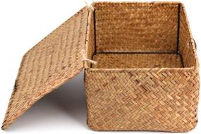 img 1 attached to 🧺 Versatile Brown Rectangular Seagrass Rattan Storage Basket - 11.5'' x 7.5'' x 5'' - Handwoven Makeup Organizer with Lid for Decoration, Picnic, Groceries, and Toy Storage