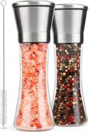 🔲 top-quality muuwooden refillable salt and pepper grinder set – stylish real glass & stainless steel sea salt grinders mills – adjustable pink salt n ground pepper shaker for cracker & kitchen – includes brush – 7 inch – 2 pcs logo