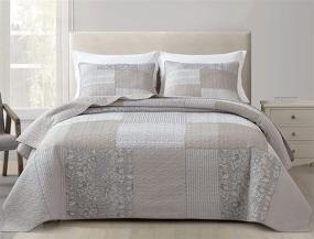 img 2 attached to 🌺 Chezmoi Collection Quinn 3-Piece Floral Hibiscus Flower Patchwork Quilt Set - Pre-Washed Cotton Coverlet - Lightweight Reversible Bedspread, Queen Size, in Neutral Taupe Gray and White Candy Stripe Design