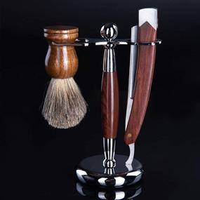 img 3 attached to 🦡 Badger Hair Brush Stand Holder with Men's Straight Shaving Razor and Leather Strop Soap Bowl