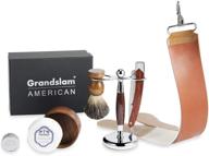 🦡 badger hair brush stand holder with men's straight shaving razor and leather strop soap bowl logo