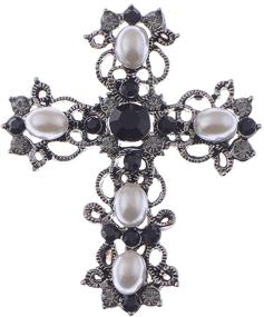 img 4 attached to 🔫 Alilang Antique Gunmetal Tone Faux Pearls & Black Rhinestones Holy Cross Brooch Pin Pendant - Elegant Pastel Design
