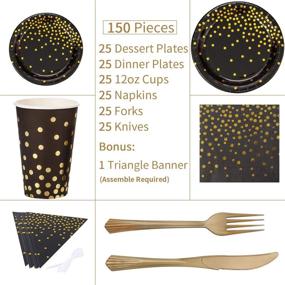 img 1 attached to 🎉 150PCS Black and Gold Party Supplies: Golden Dot Paper Dinnerware Set for Graduation, Birthday, Cocktail Party - Serves 25