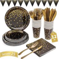 🎉 150pcs black and gold party supplies: golden dot paper dinnerware set for graduation, birthday, cocktail party - serves 25 logo