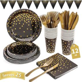 img 4 attached to 🎉 150PCS Black and Gold Party Supplies: Golden Dot Paper Dinnerware Set for Graduation, Birthday, Cocktail Party - Serves 25