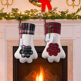 img 4 attached to 🧦 Habibee Christmas Stockings Set - 18 Inches Large Size, Buffalo Plaid Plush Dog Stockings for Room Decor, Cat & Dog Paw Design Christmas Decoration - Pack of 2