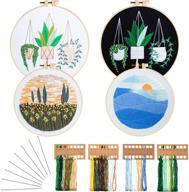 🌼 beginner's embroidery kit - set of 4, includes stamped embroidery cloth with flower sunset and plant patterns, embroidery hoop, sewing needle, colorful embroidery floss, and detailed instructions for diy sewing enthusiasts logo