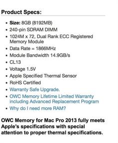 img 2 attached to OWC 16GB (2 X 8GB) PC14900 DDR3 ECC-R 1866MHz DIMMs Memory Compatible With Mac Pro Late 2013 Models