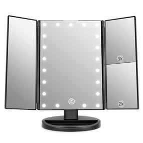 img 4 attached to 💄 WEILY Tri-fold LED Lighted Makeup Mirror - 21 Lights, 3X/2X/1X Magnification, Touchscreen, Dual Power, 180° Rotation - Portable Travel Mirror (Black)