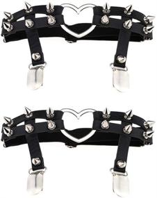 img 4 attached to 🖤 Jurxy Studded Heart Gothic Garters with Elastic Leg Rings Punk Harness Belt – Adjustable Suspender with Metal Clips, Black (2PCS)