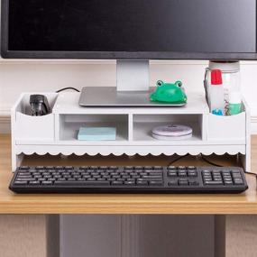 img 3 attached to 🖥️ STOBOK Monitor Stand with Drawer: Streamline Your Workspace with this White Wooden Laptop PC Monitor Riser Rack & Desk Organizer