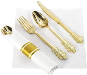 img 3 attached to Liacere 30 Pack Gold Plastic Silverware Set with Pre Rolled Napkins - Disposable Gold Plastic Cutlery - Premium Quality Gold Plastic Utensils - Includes 30 Forks, 30 Knives, 30 Spoons, 30 Napkins